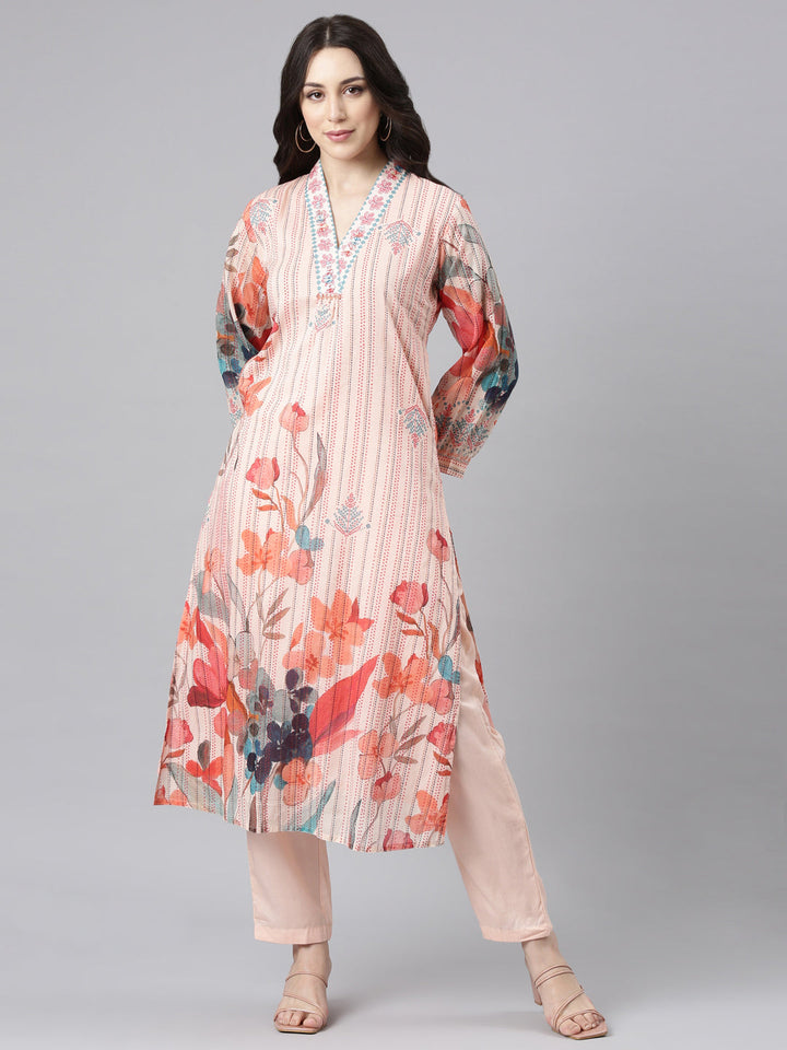 Neerus Orange cotton panelled straight kurta set - front view