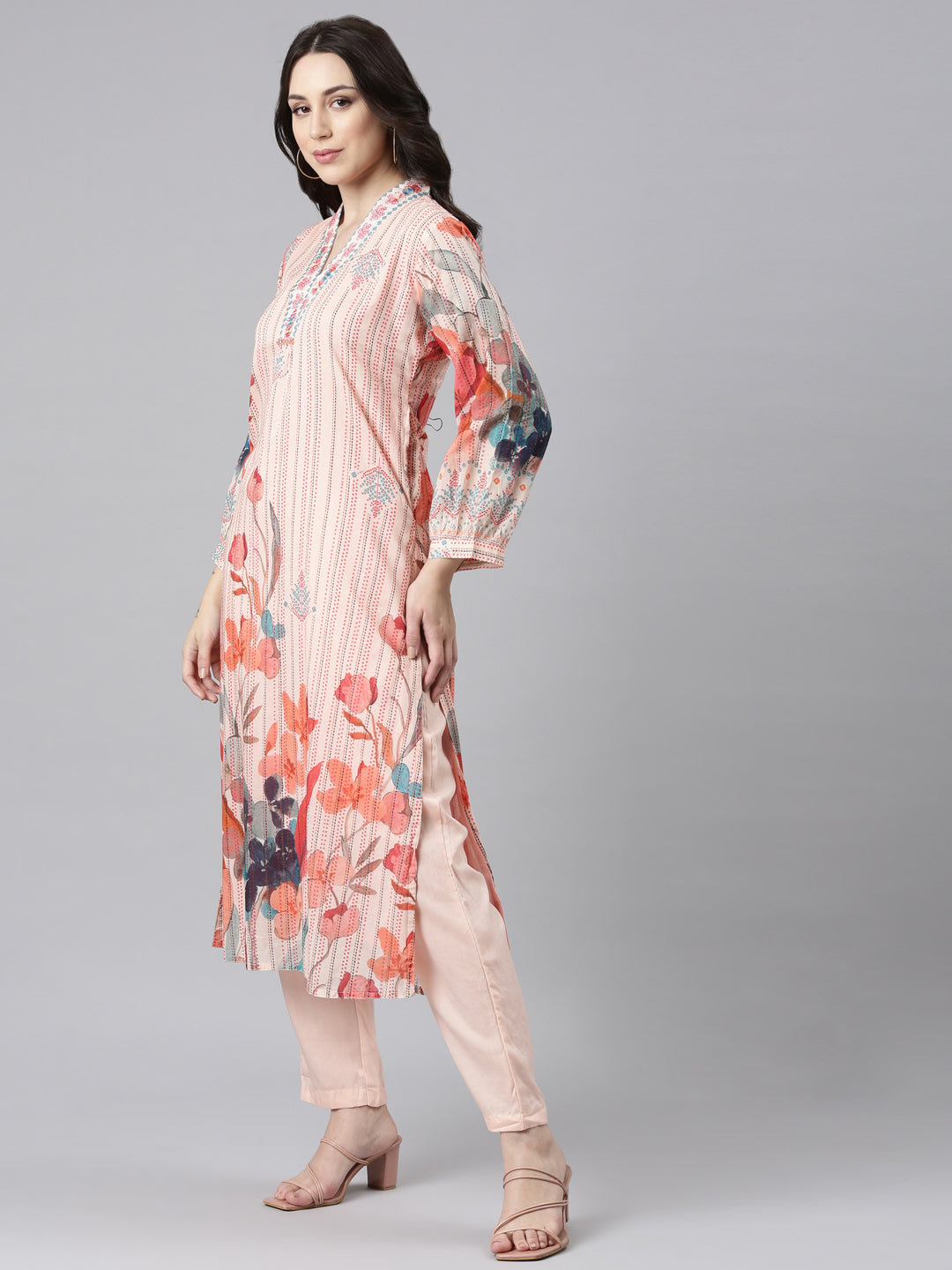 Neerus Orange cotton panelled straight kurta set - back view