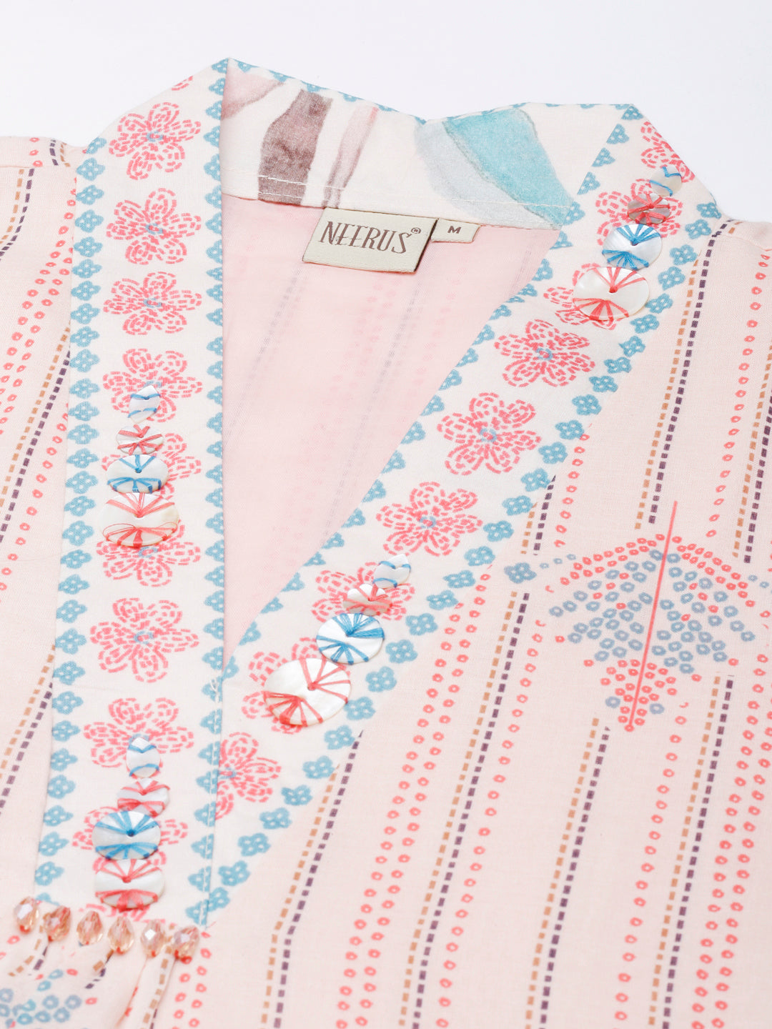 Neerus Orange cotton panelled straight kurta set - detail view 1