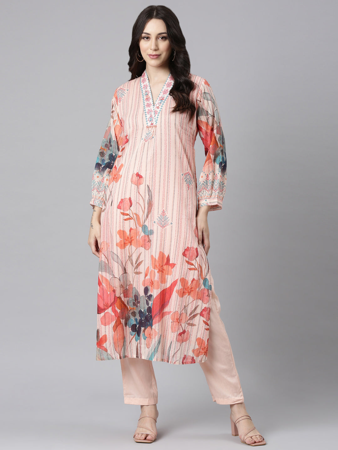 Neerus Orange cotton panelled straight kurta set - detail view 2