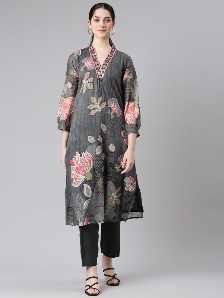 Neerus Grey straight kurta set with trouser - front view