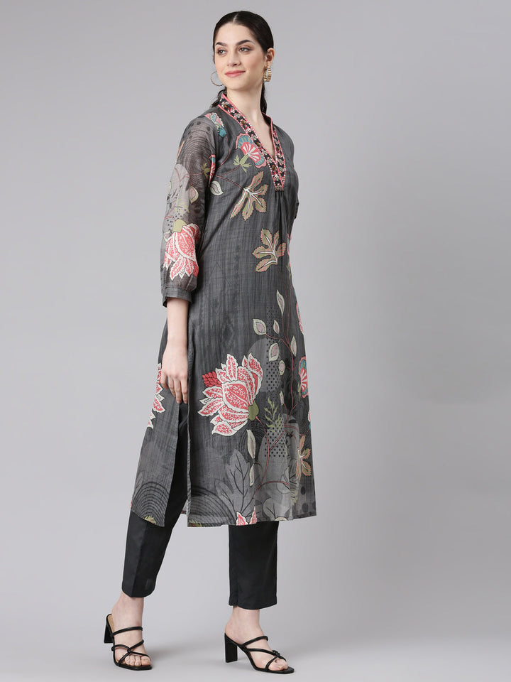 Neerus Grey straight kurta set with trouser - back view