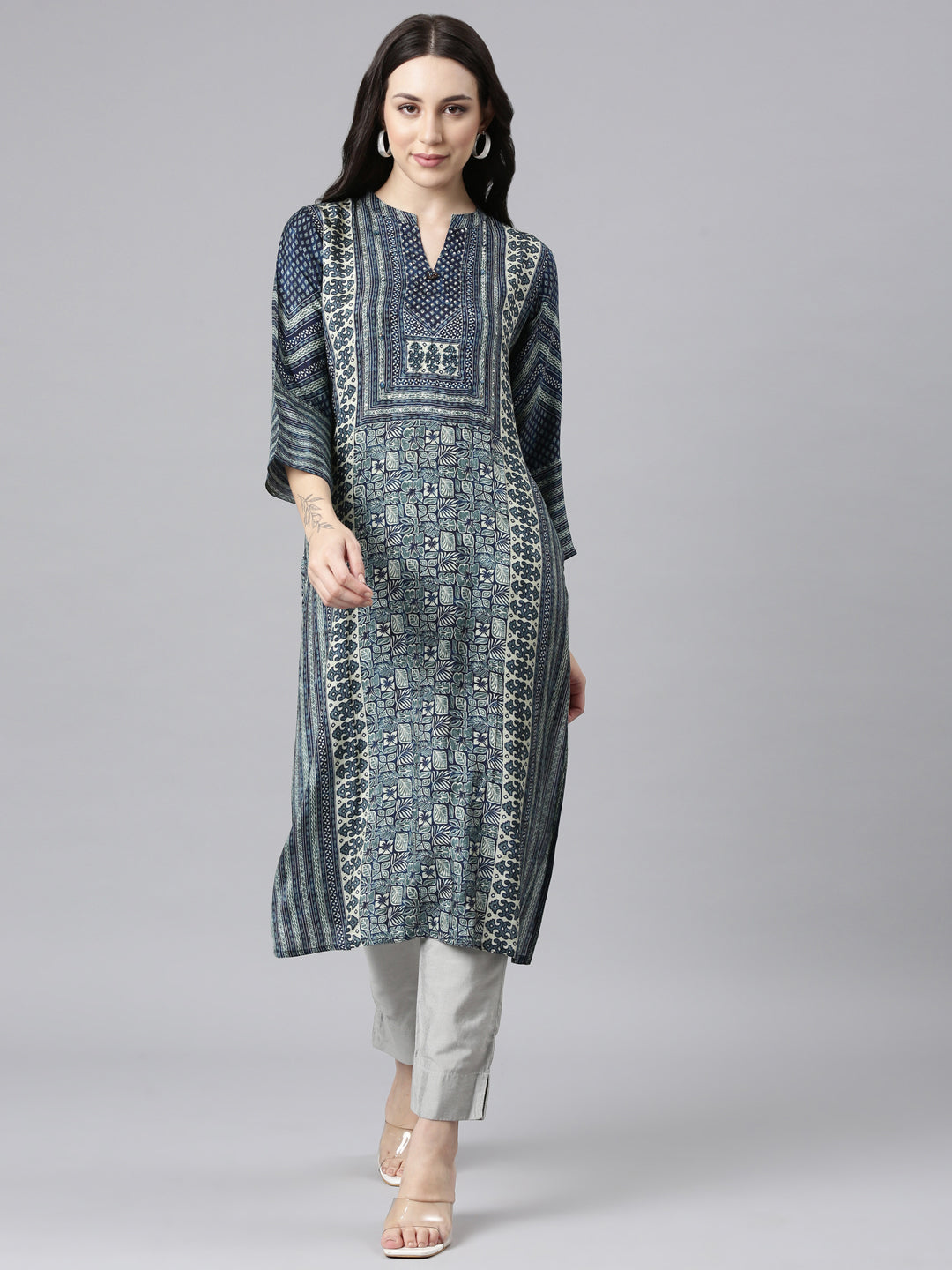 Neerus Blue floral printed straight kurta - front view