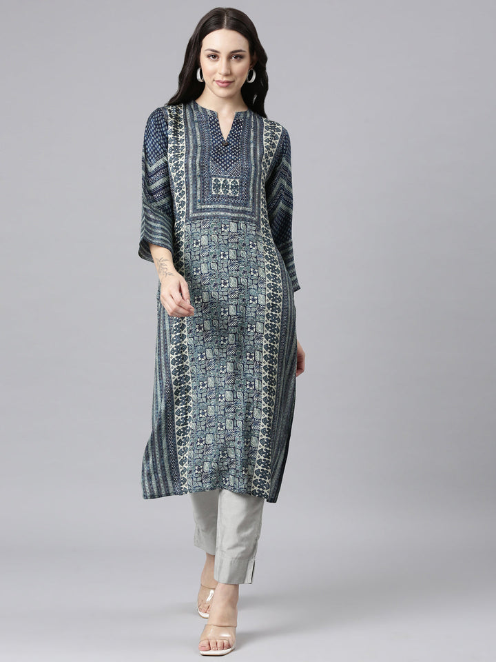 Neerus Blue floral printed straight kurta - front view
