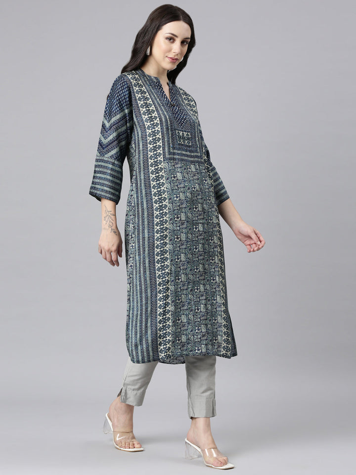 Neerus Blue floral printed straight kurta - back view