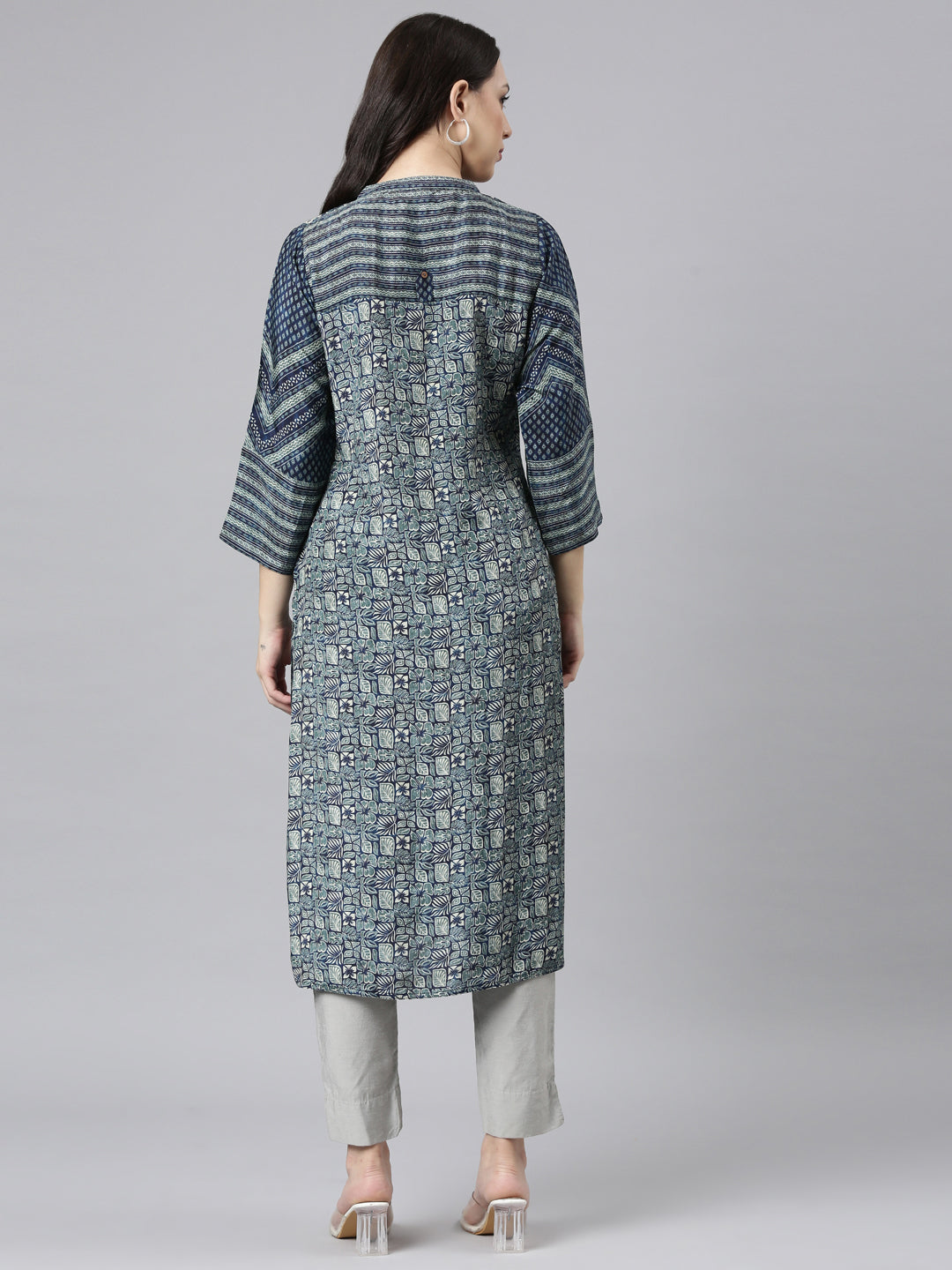 Neerus Blue floral printed straight kurta - side view