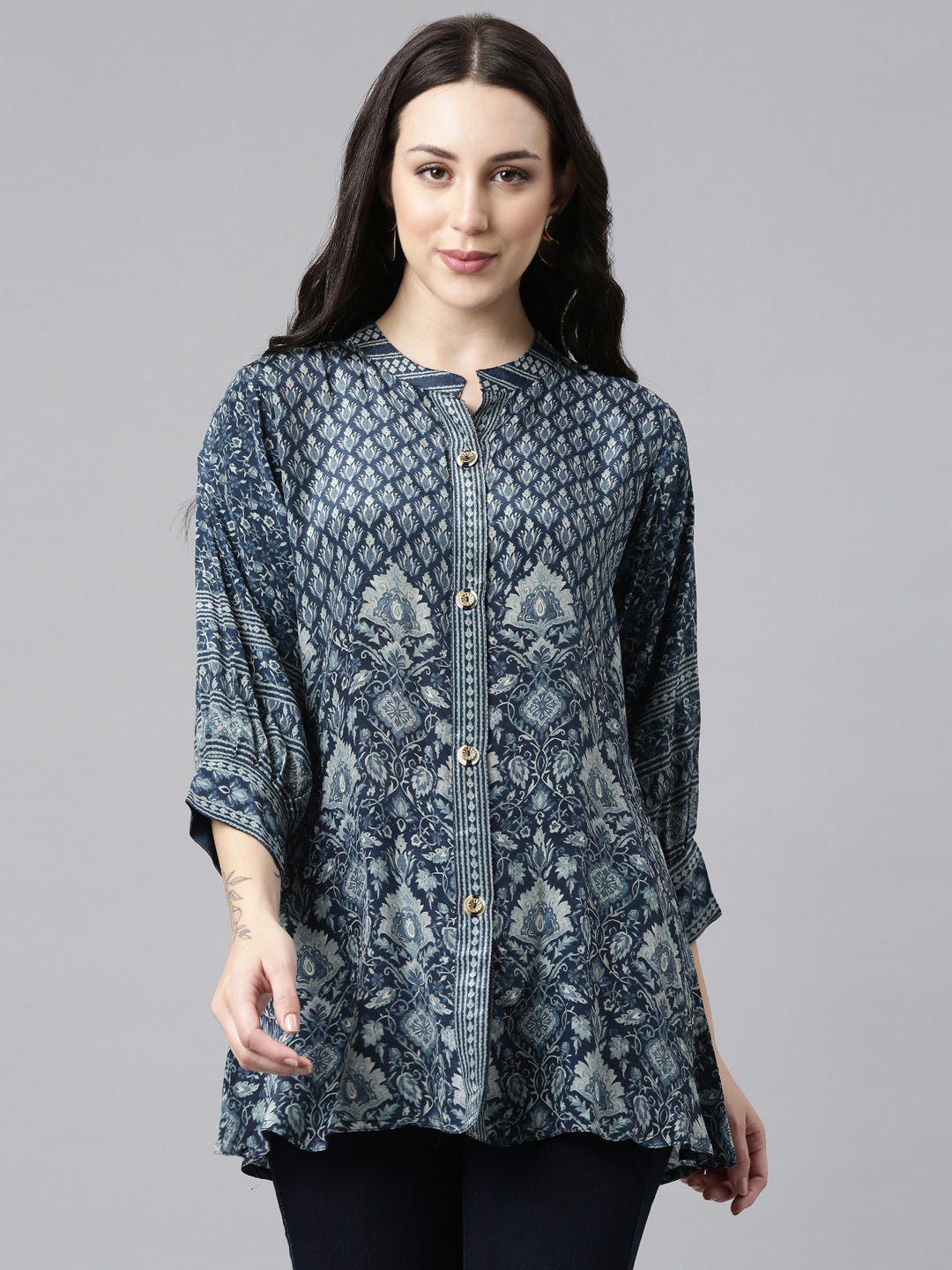 Neerus Blue crepe printed high-low kurti - front view