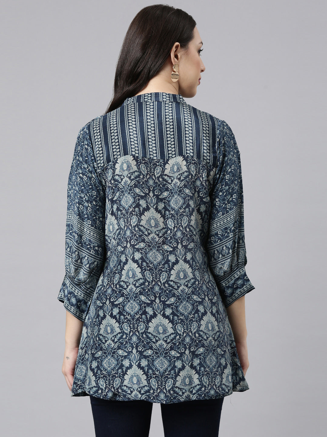 Neerus Blue crepe printed high-low kurti - side view