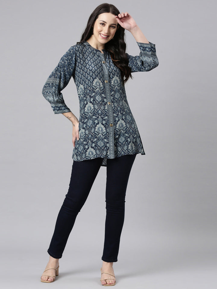 Neerus Blue crepe printed high-low kurti - detail view 2