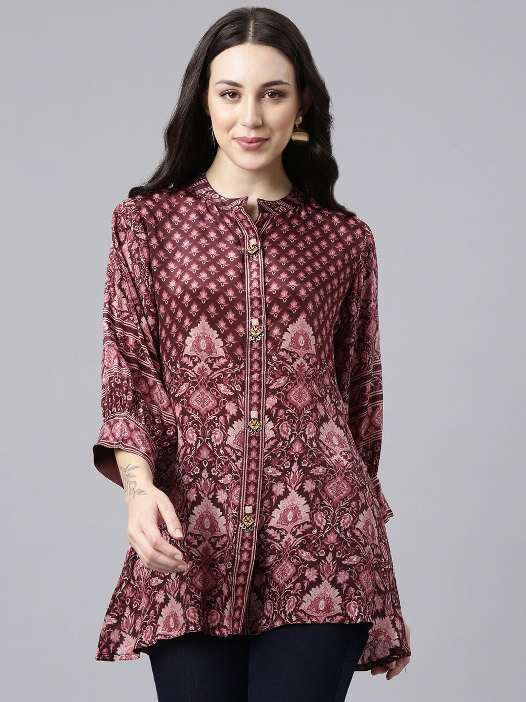 Neerus Purple crepe printed high-low kurti - front view