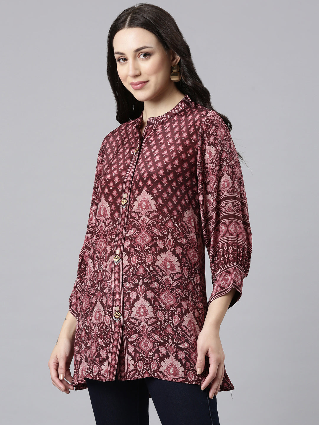 Neerus Purple crepe printed high-low kurti - back view