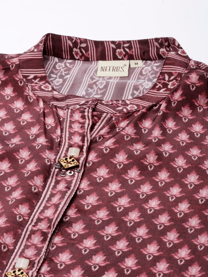 Neerus Purple crepe printed high-low kurti - detail view 1