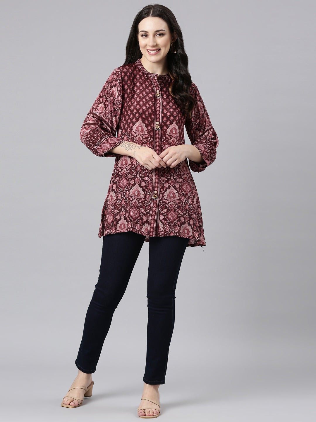 Neerus Purple crepe printed high-low kurti - detail view 2