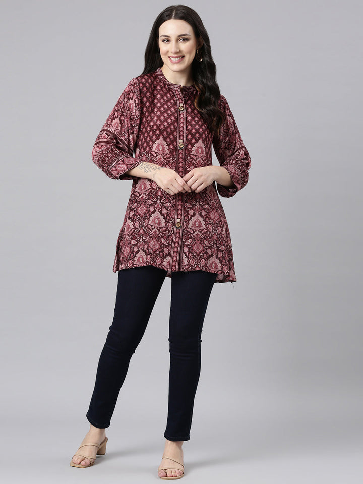 Neerus Purple crepe printed high-low kurti - detail view 2