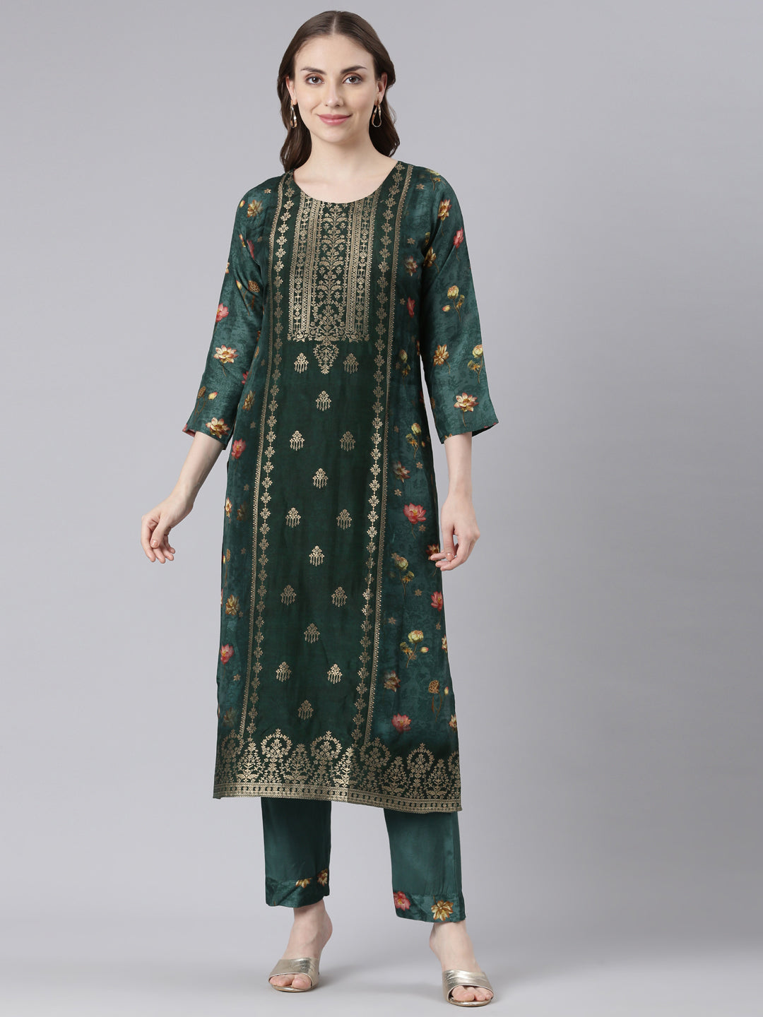 Neerus Green raw silk printed kurta set - front view