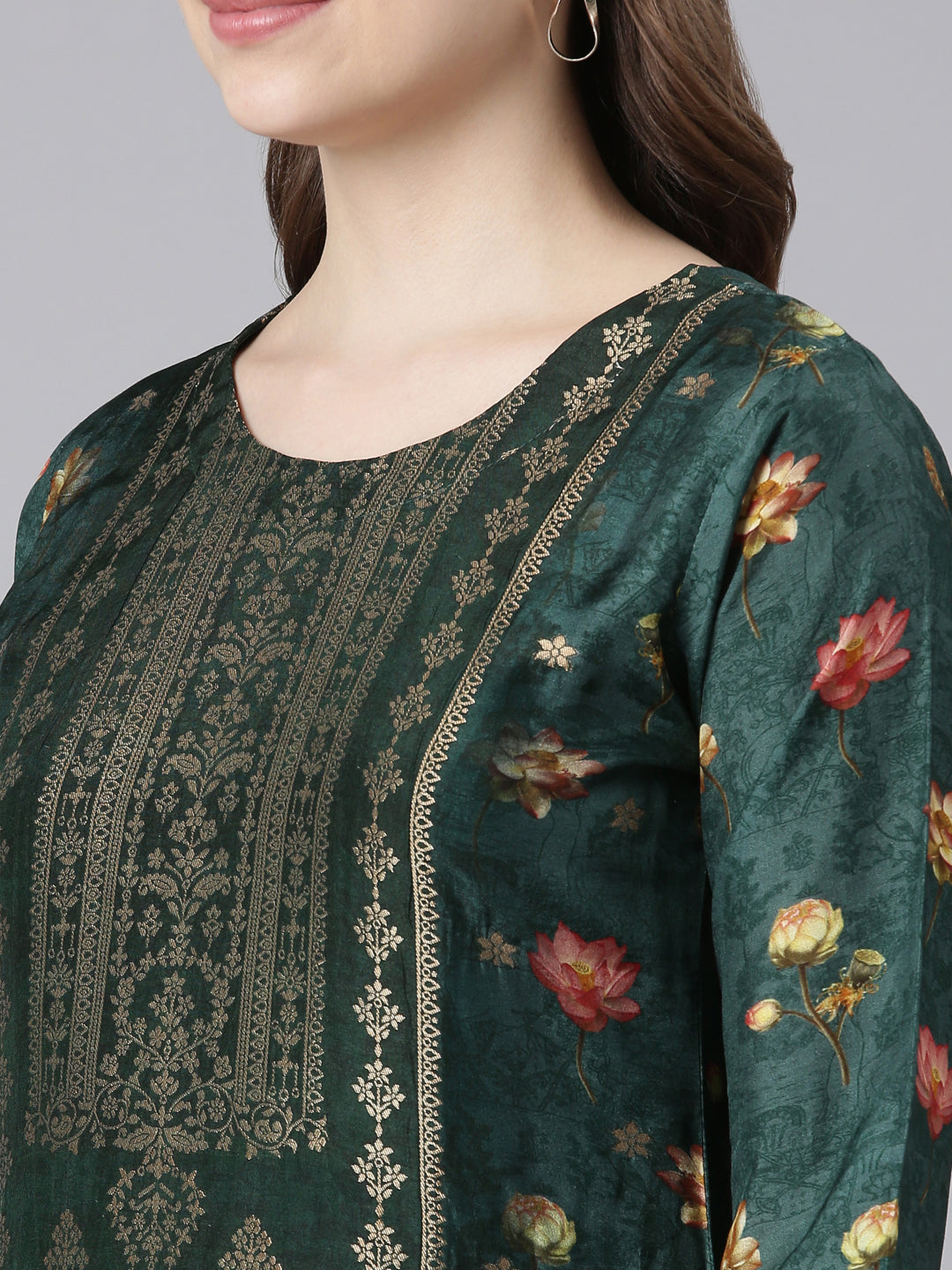 Neerus Green raw silk printed kurta set - detail view 2