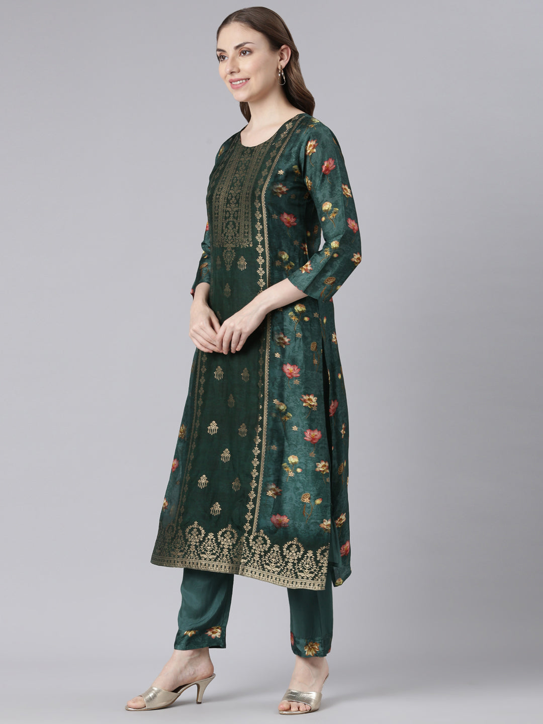 Neerus Green raw silk printed kurta set - back view
