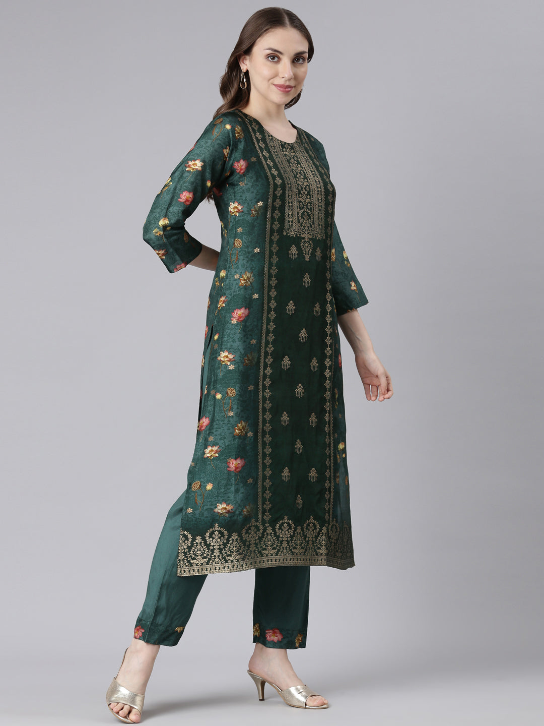 Neerus Green raw silk printed kurta set - side view