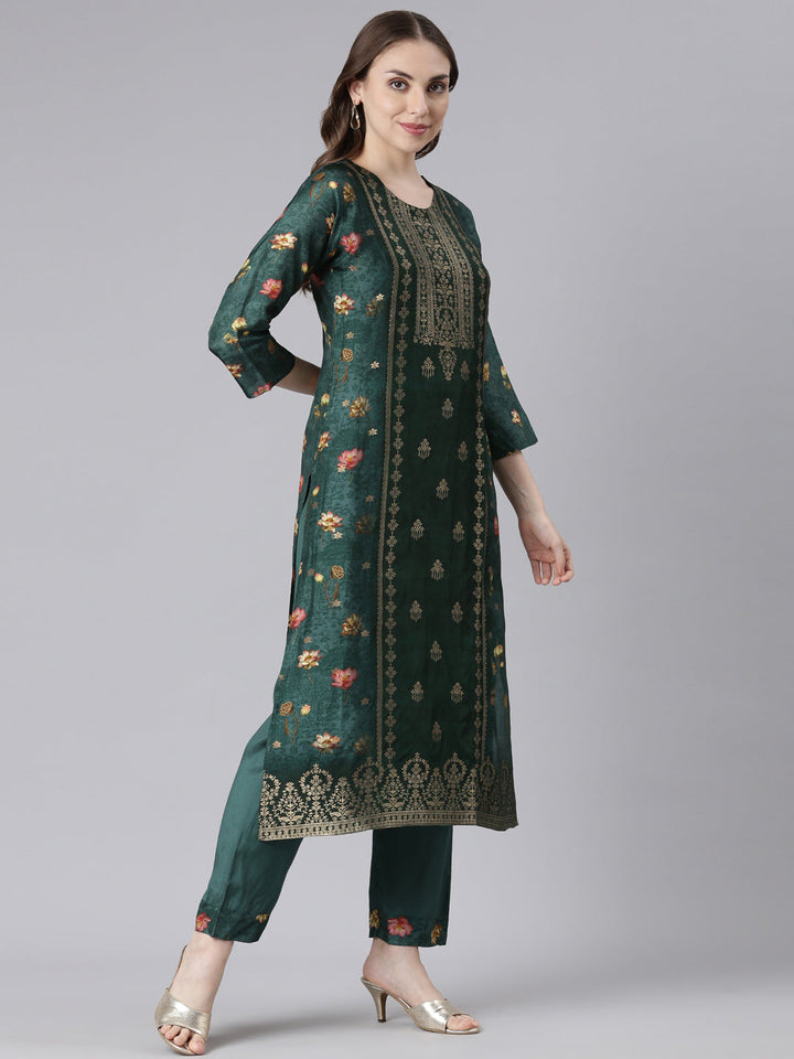 Neerus Green raw silk printed kurta set - side view