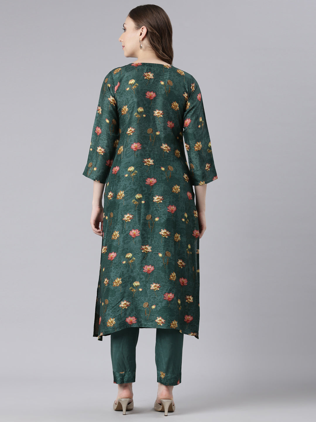 Neerus Green raw silk printed kurta set - detail view 1