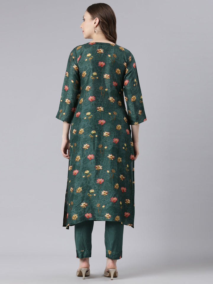 Neerus Green raw silk printed kurta set - detail view 1