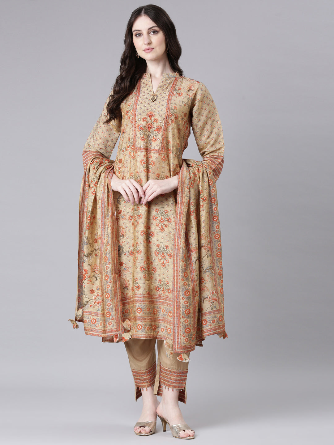 Neerus Beige tissue printed suit set - front view