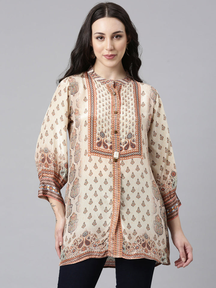 Neerus Beige crepe printed high-low kurti - front view