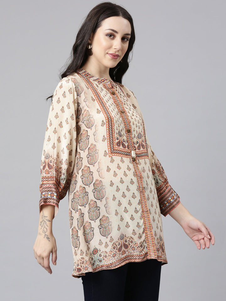 Neerus Beige crepe printed high-low kurti - back view