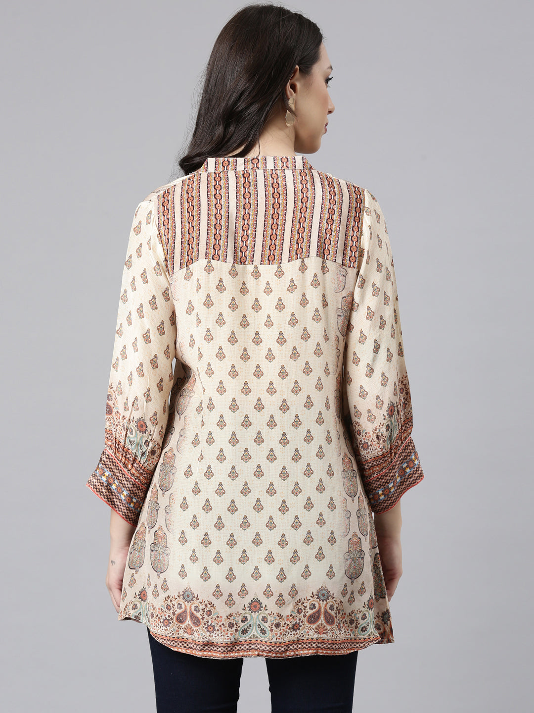 Neerus Beige crepe printed high-low kurti - side view