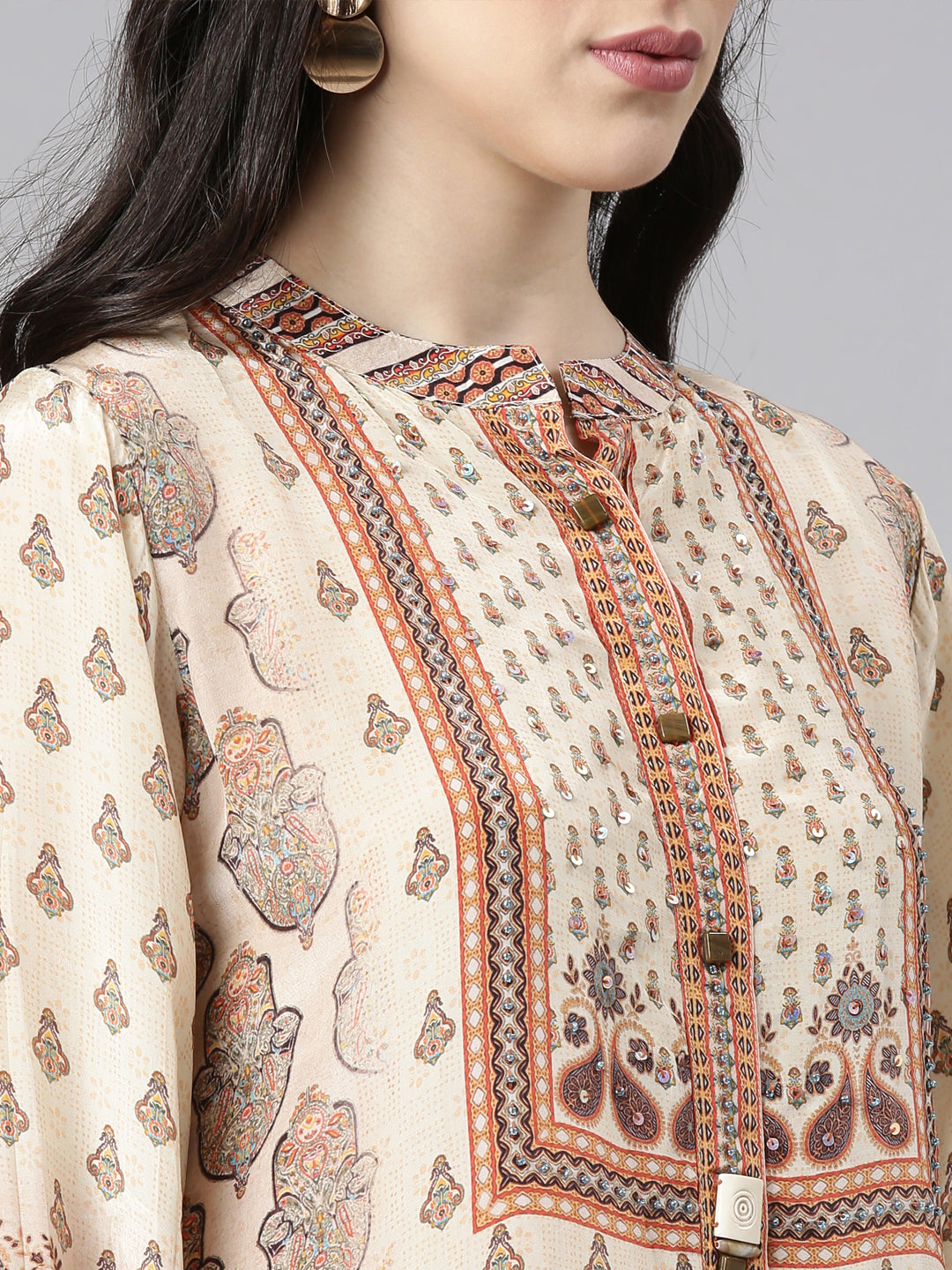Neerus Beige crepe printed high-low kurti - detail view 1