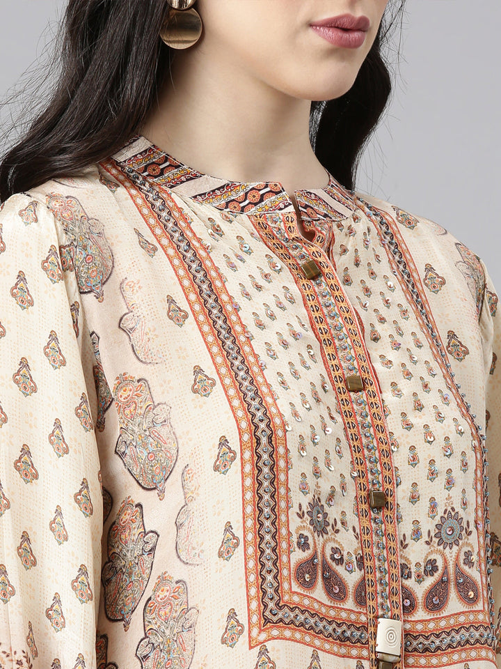 Neerus Beige crepe printed high-low kurti - detail view 1