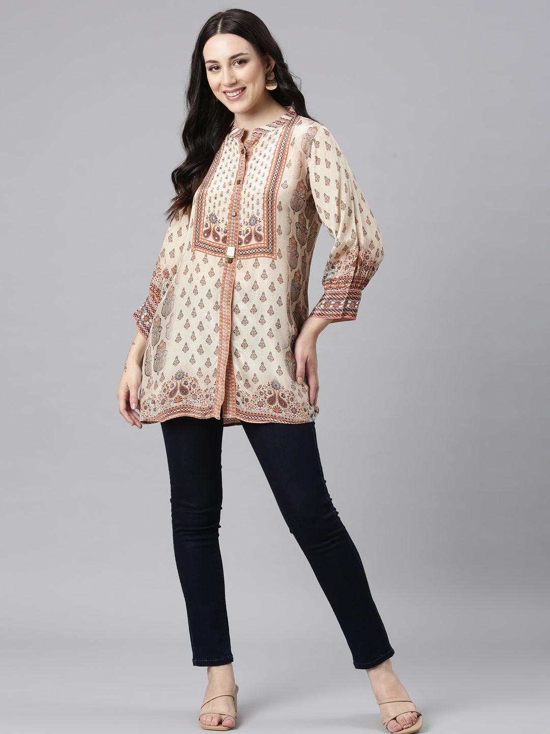 Neerus Beige crepe printed high-low kurti - detail view 2