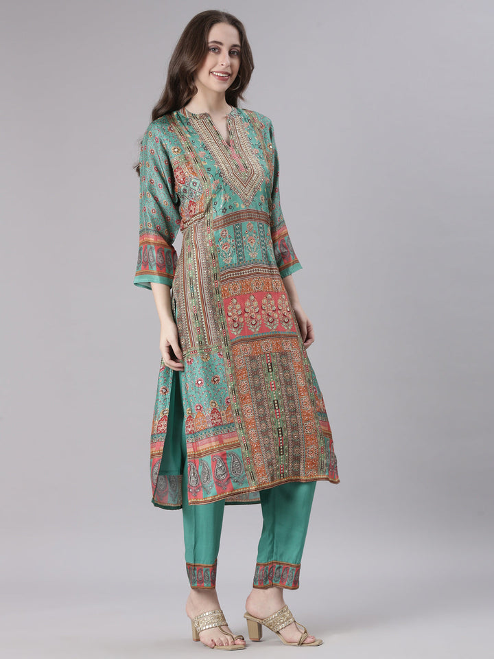 Neerus Green Printed Straight Kurta and Trousers With Dupatta