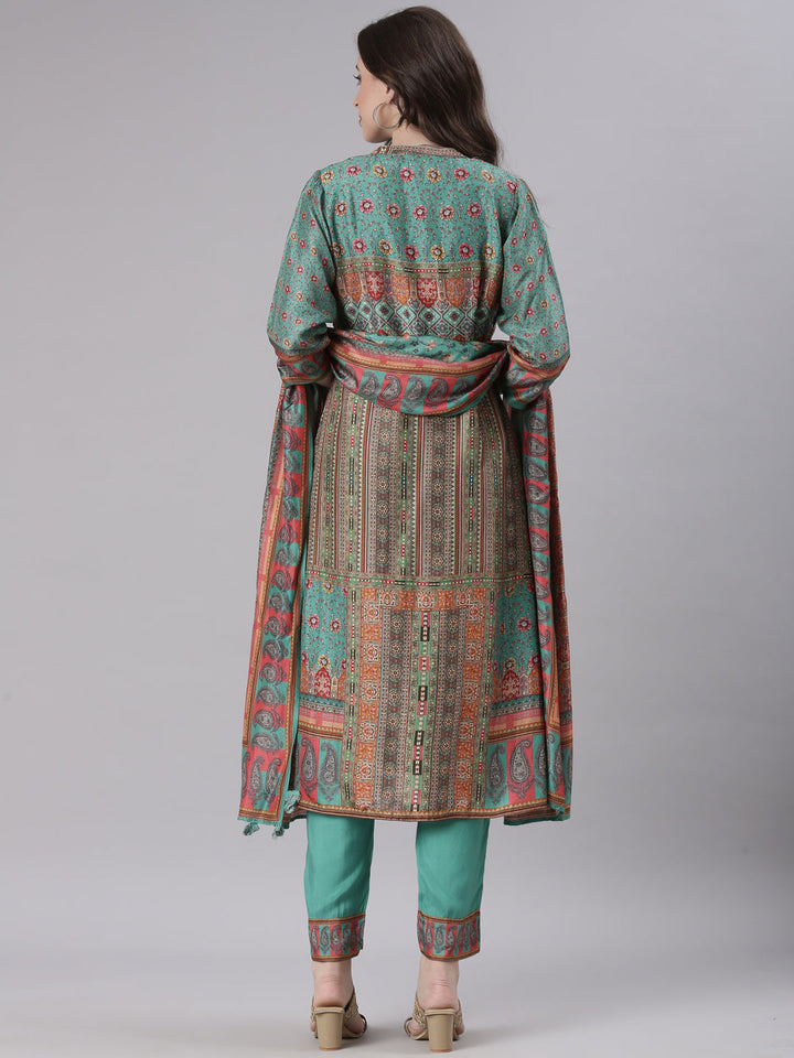 Neerus Green Printed Straight Kurta and Trousers With Dupatta