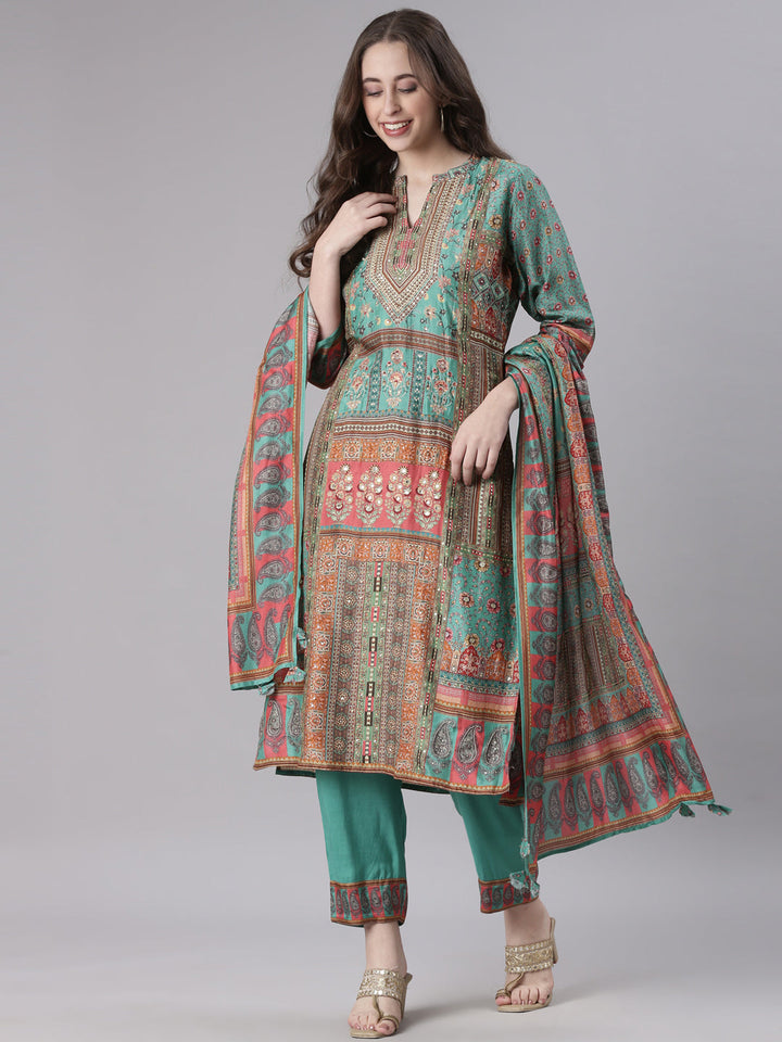Neerus Green Printed Straight Kurta and Trousers With Dupatta