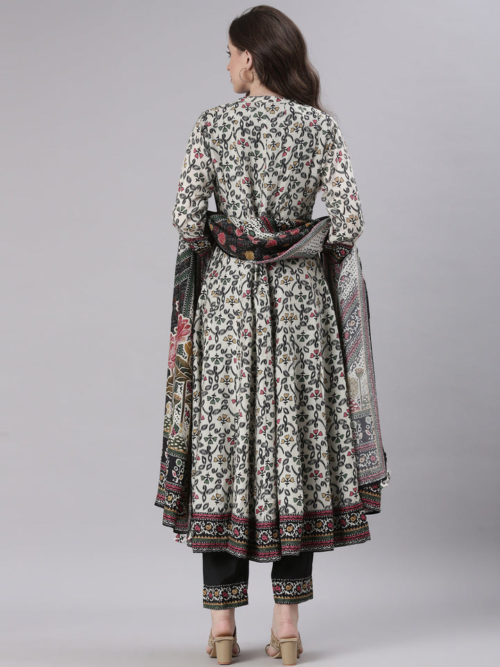 Neerus Off White Printed Straight Kurta and Trousers With Dupatta