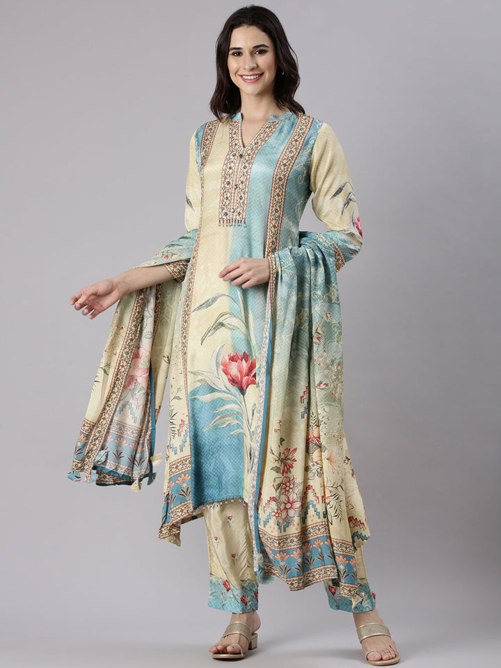 Cream Muslin Printed Three Piece Set