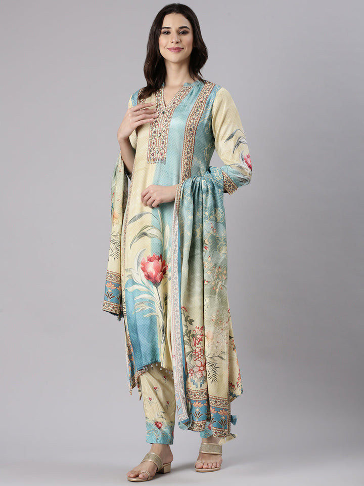 Cream Muslin Printed Three Piece Set