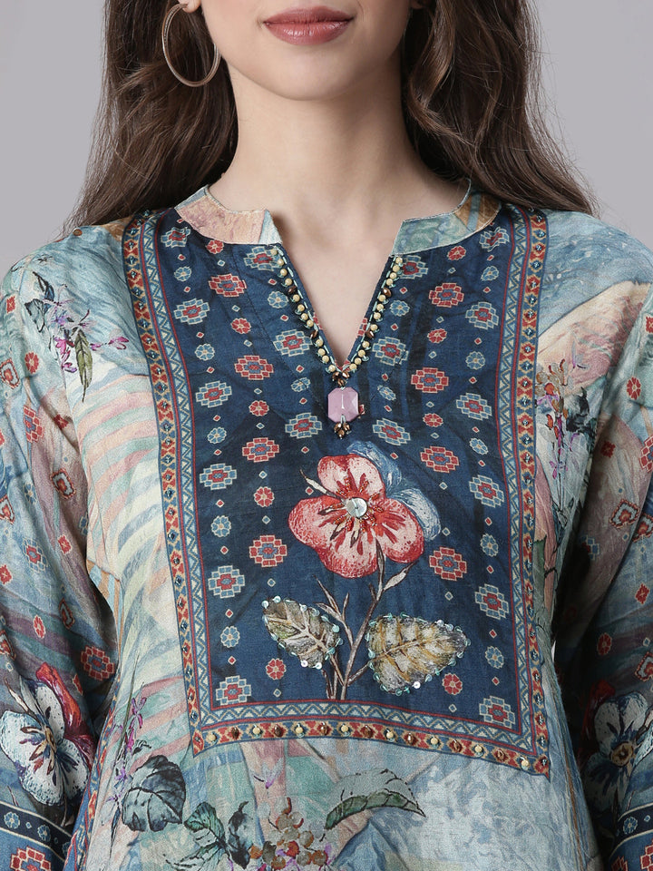 Neerus Blue Printed Straight Kurta and Trousers With Dupatta