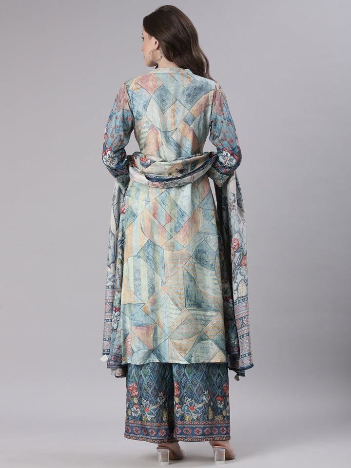 Neerus Blue Printed Straight Kurta and Trousers With Dupatta