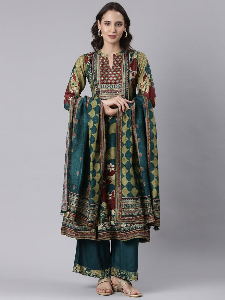 Rama Green Modal Chanderi Ajrakh Print Three Piece Set