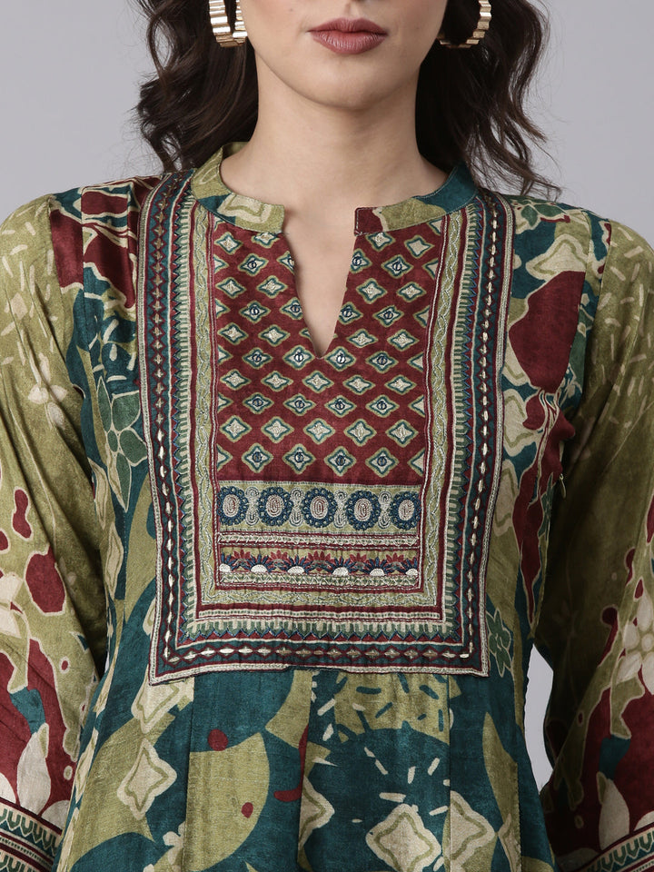 Rama Green Modal Chanderi Ajrakh Print Three Piece Set