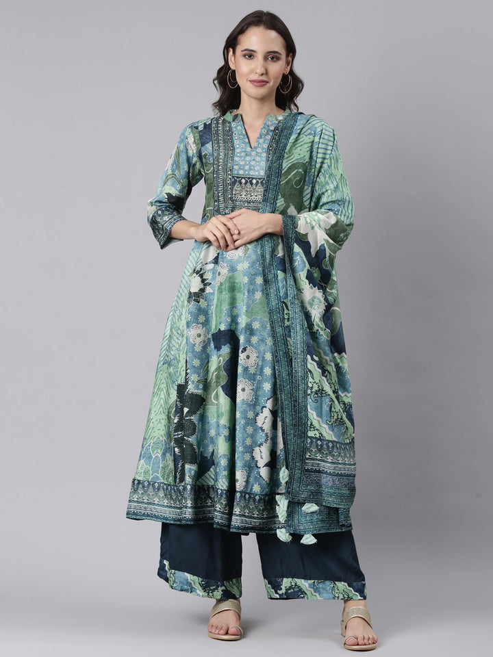 Blue Silk Printed Anarkali With Palazzo Three Piece Set