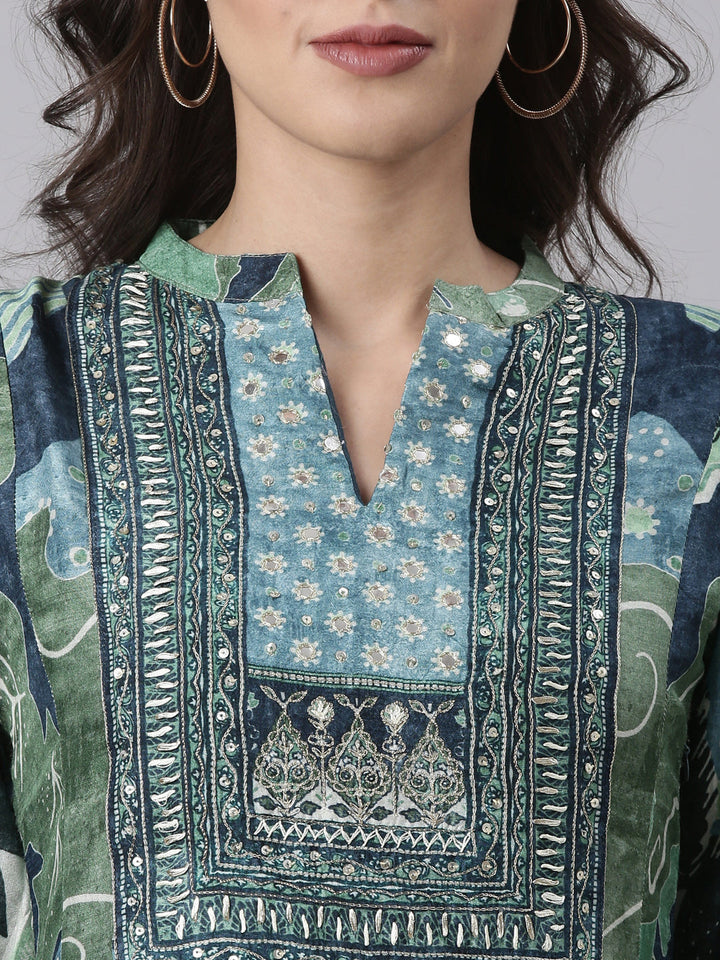 Blue Silk Printed Anarkali With Palazzo Three Piece Set