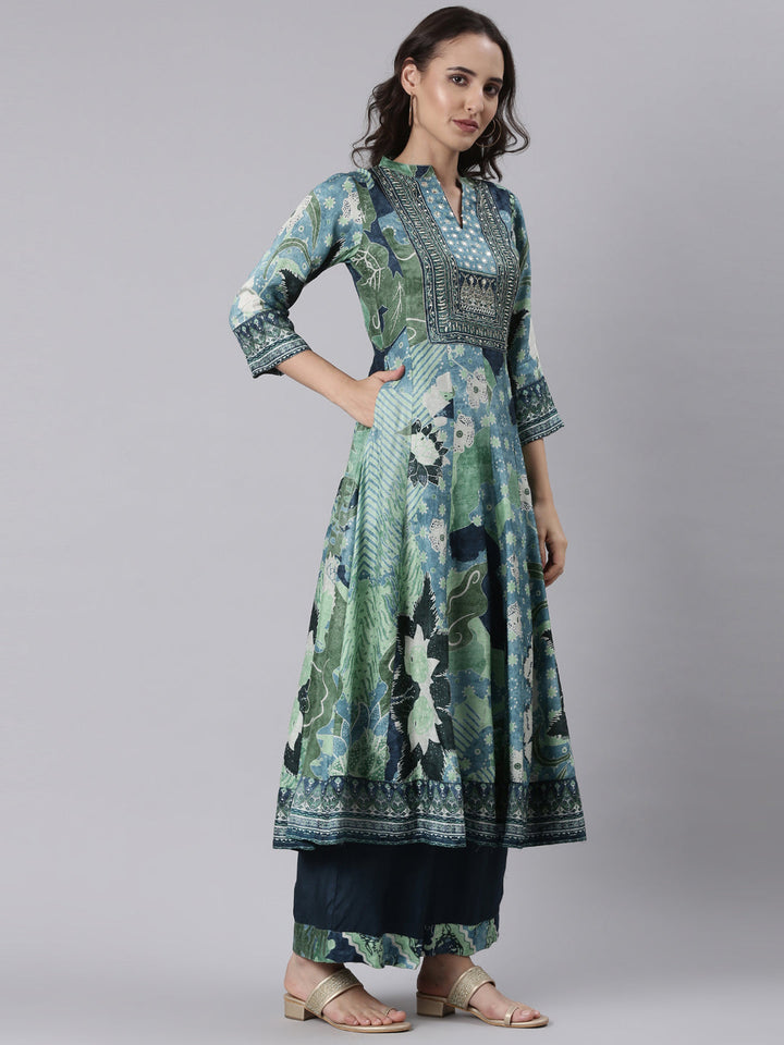 Blue Silk Printed Anarkali With Palazzo Three Piece Set