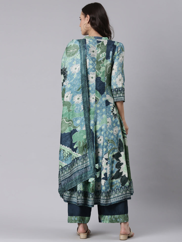 Blue Silk Printed Anarkali With Palazzo Three Piece Set