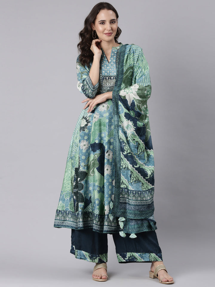 Blue Silk Printed Anarkali With Palazzo Three Piece Set