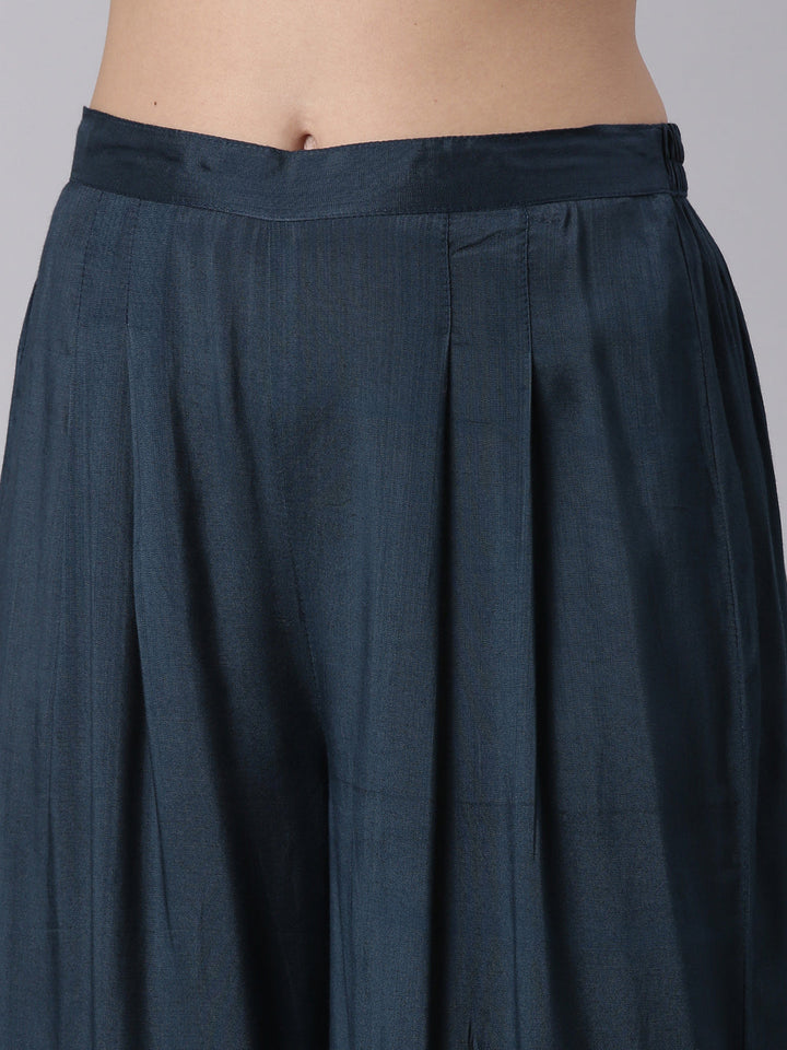 Blue Silk Printed Anarkali With Palazzo Three Piece Set