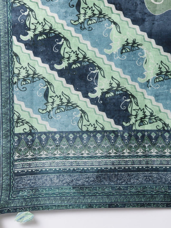 Blue Silk Printed Anarkali With Palazzo Three Piece Set