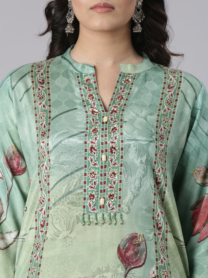 Neerus Green Printed Straight Kurta and Trousers With Dupatta